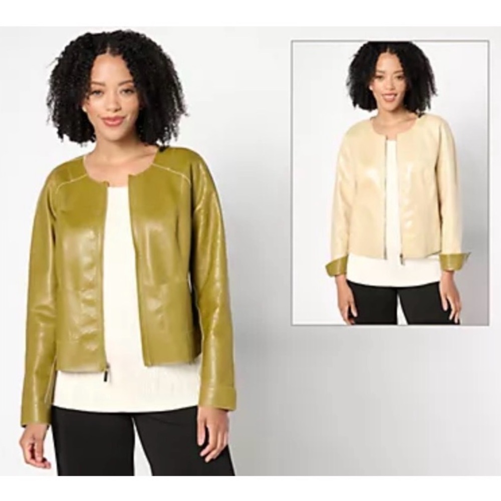 Attitudes by Renee 1X Reversible Faux Leather Jacket Golden Olive to Cream Snake